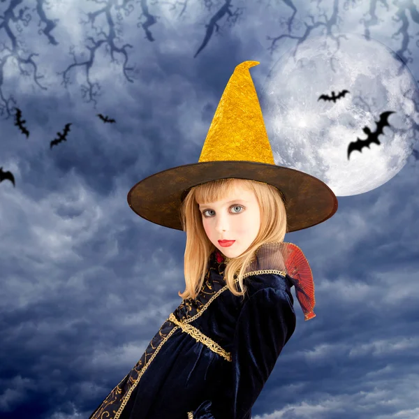Beautiful blond halloween kid girl in moon sky — Stock Photo, Image