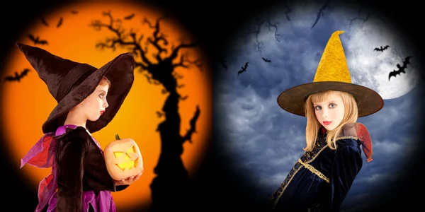 Halloween ragazze costumi in due sfondi — Foto Stock