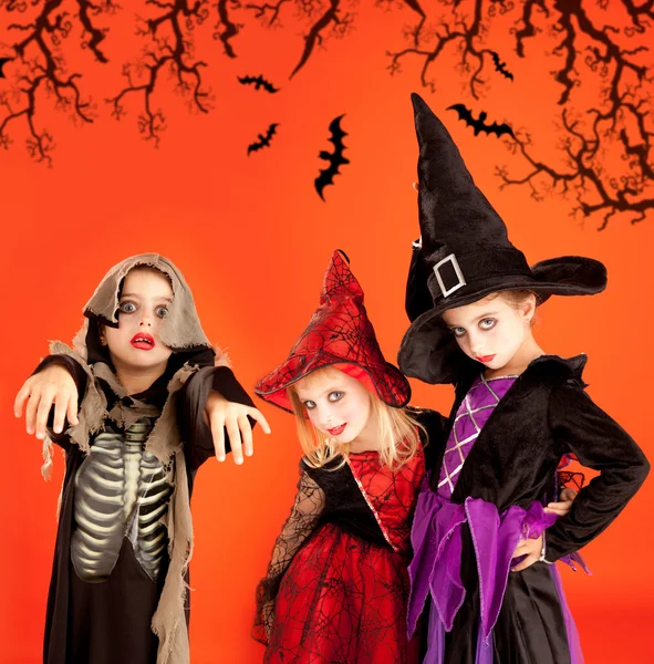 Halloween group of children girls costumes — Stock Photo, Image