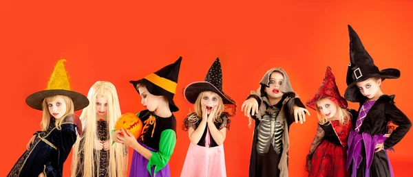 Halloween group of children girls costumes — Stock Photo, Image