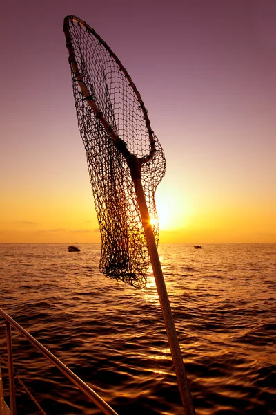 日の出塩水でボート釣りでネットをディップします。 — ストック写真