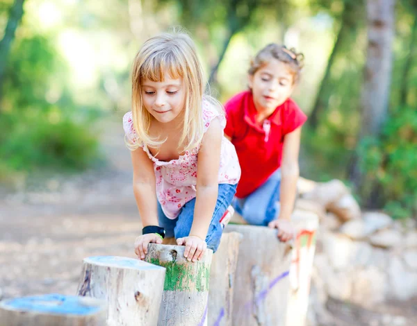 Дитячі дівчата грають на стовбурах у лісовій природі — стокове фото