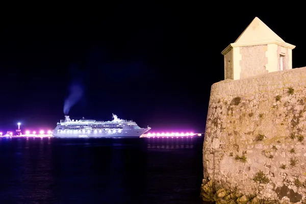 stock image Ibiza night town cruise ship lights and tower