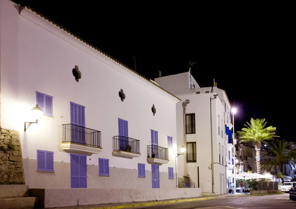 Ibiza witte huizen in nacht met palmbomen — Stockfoto