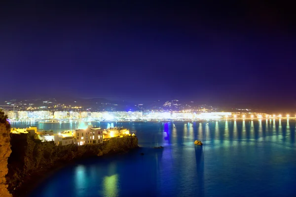 stock image Ibiza town port blue sea night lights