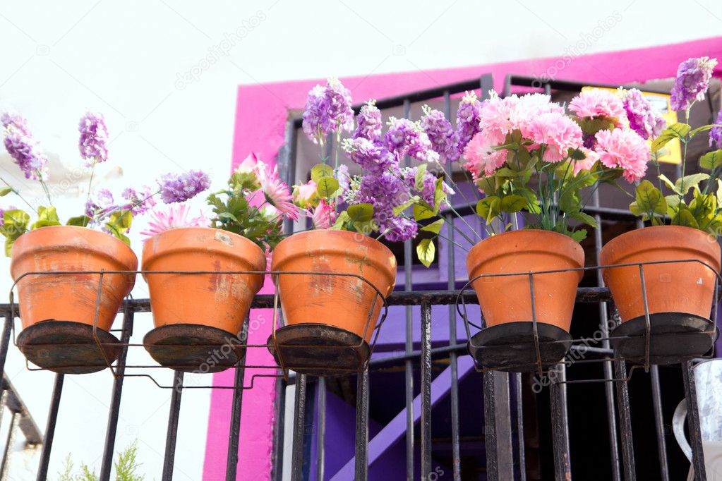 Flowers balcony in pink and purple at Ibiza