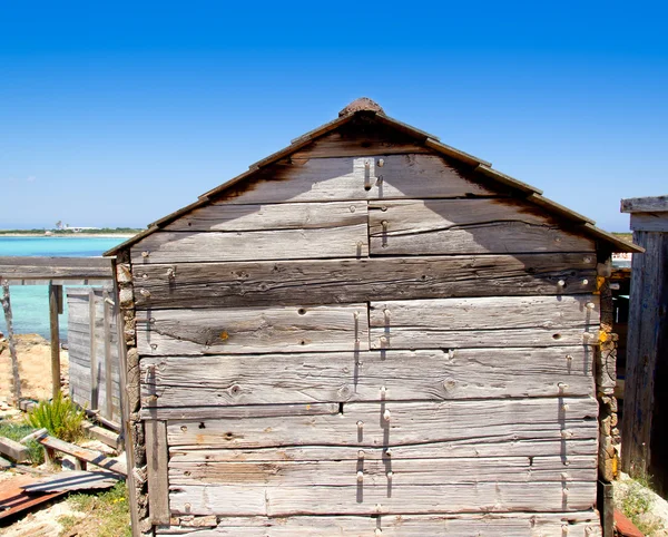 Grijze houten hut huis formentera strand — Stockfoto