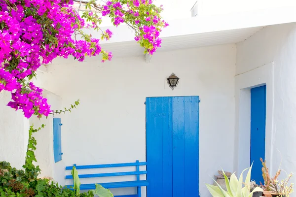 Bluedoor and bougainvilleas in white house — Stock Photo, Image