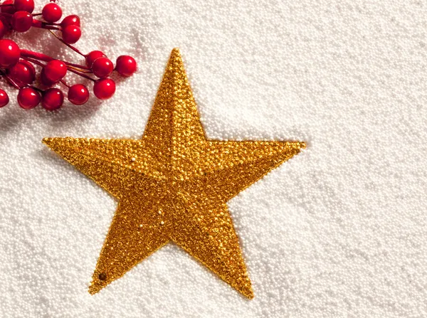 果実と雪の上の黄金のクリスマスの星 — ストック写真