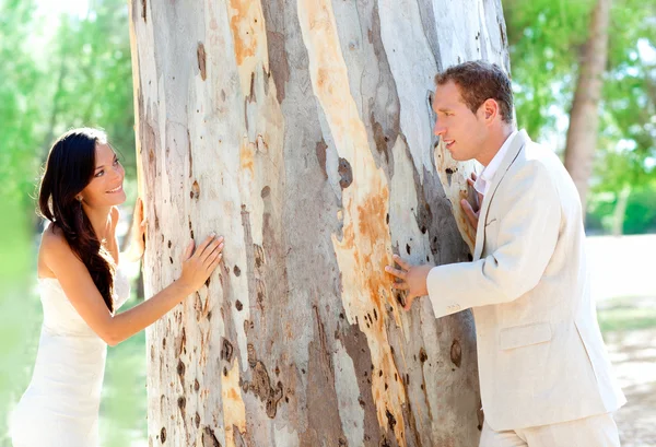 Couple happy in love playing in a tree trunk — Stock Photo, Image