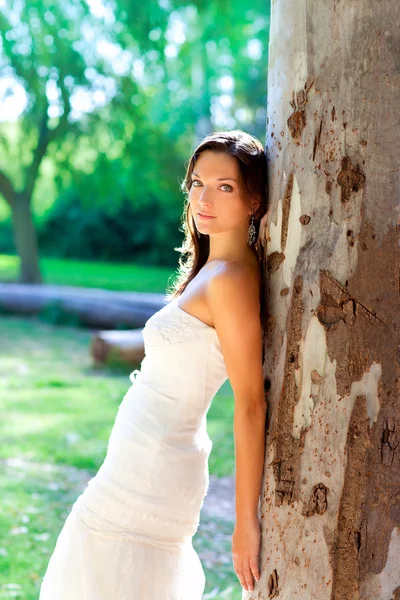 Bride woman happy posing in outdoor tree — Stock Photo, Image