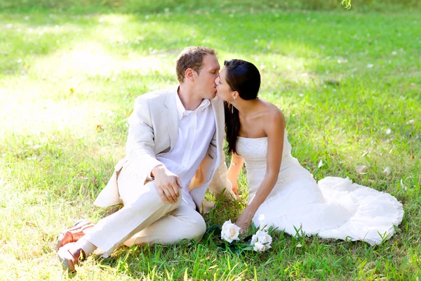 Пара щаслива в любові цілується сидячи в парку — стокове фото