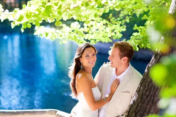 Casal no amor abraço na floresta árvore lago azul — Fotografia de Stock