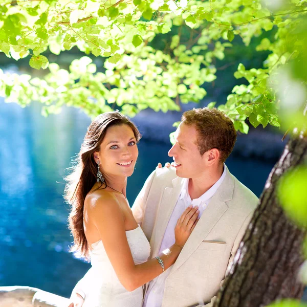 Couple amoureux étreinte dans forêt arbre bleu lac — Photo