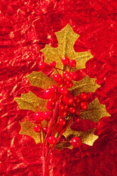 Christmas card gold leaf and red berries — Stock Photo, Image