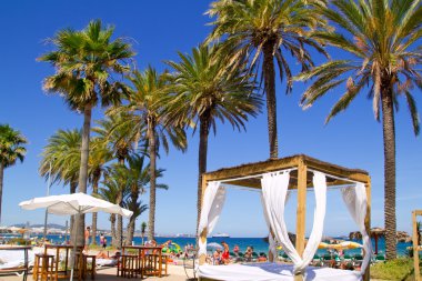 Ibiza Platja En bossa beach with palm trees clipart