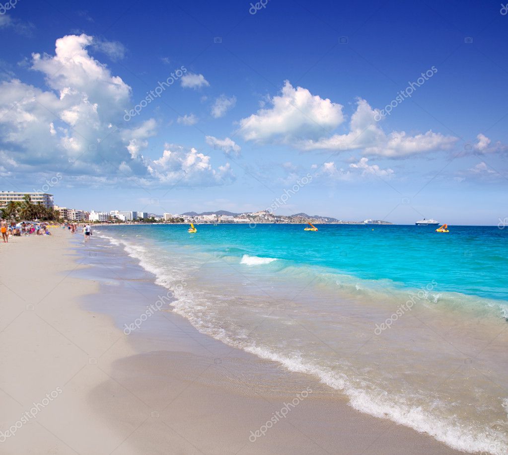 Ibiza Platja En bossa beach with palm trees — Stock Photo © lunamarina ...