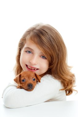 Brunette girl with puppy dog mini pinscher clipart