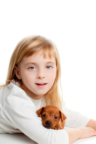 Blond kid girl with mini pinscher pet mascot dog — Stock Photo, Image