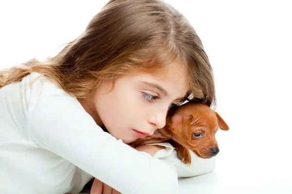 Menina morena com mini pinscher pet mascote cão — Fotografia de Stock