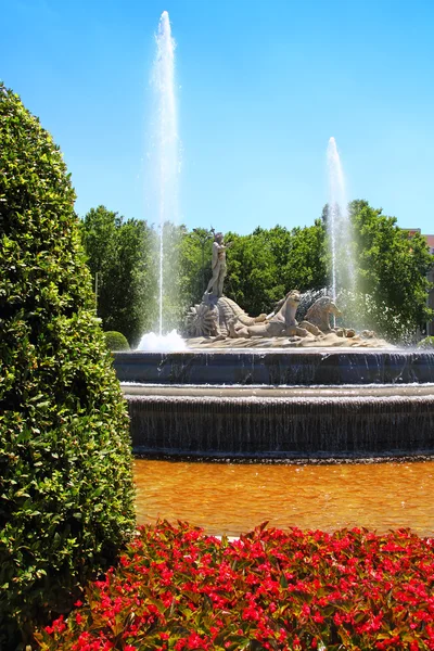 马德里 neptuno 大道喷泉在 paseo de la 拉纳 — 图库照片