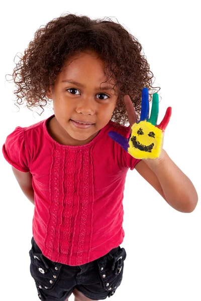Kleine Afrikaanse Aziatische meisje met geschilderde handen — Stockfoto