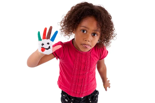 Little African Asian girl with painted hands — Stock Photo, Image