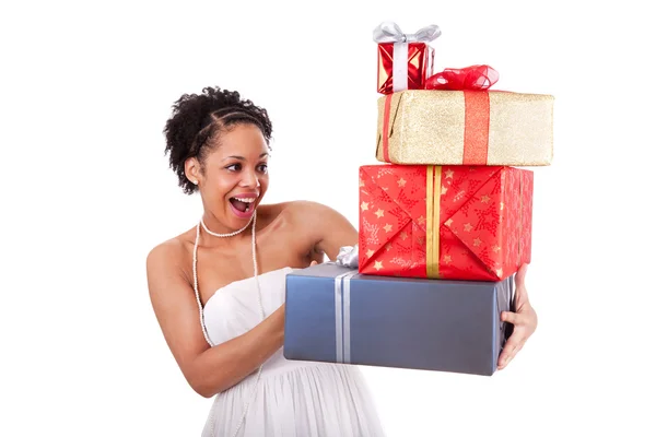Young African American woman holding gifts boxes — Stock Photo, Image
