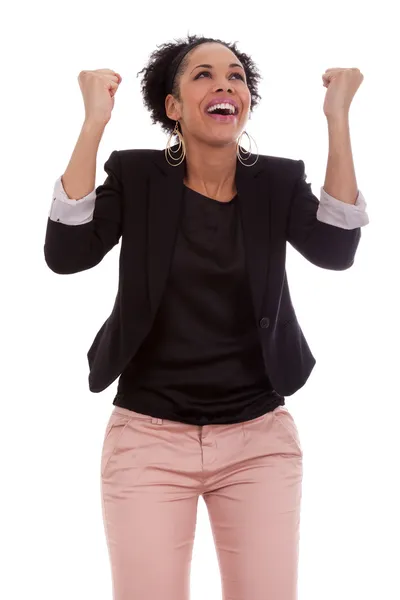 Afrikalı-Amerikalı kadın sıkışık yumruklarını ile başarı kutluyor — Stok fotoğraf