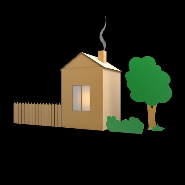 Cardboard house, fence and tree on a dark background — Stock Photo, Image