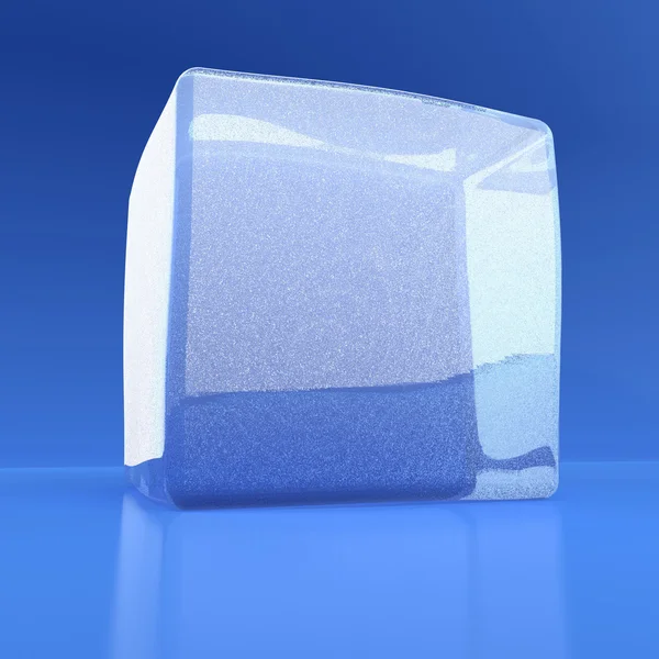 Cubo de gelo branco em um fundo refletor azul — Fotografia de Stock
