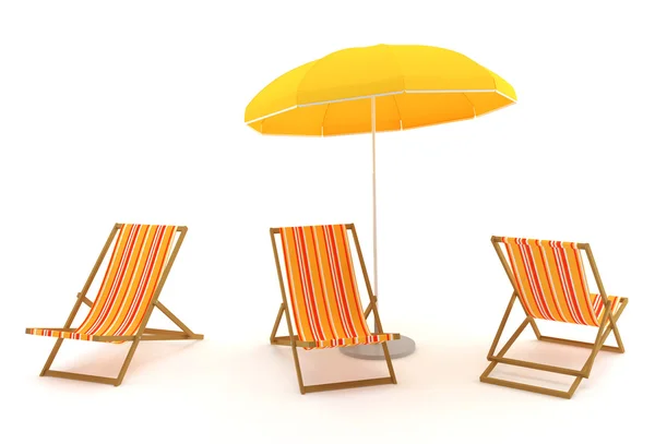 stock image Colored deck chairs and umbrella