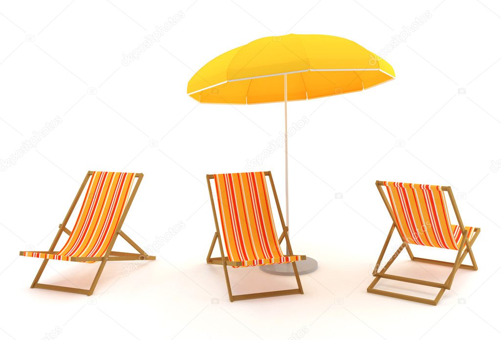 Colored deck chairs and umbrella