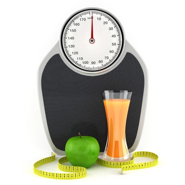 Scales, juice, apple and measuring tape — Stock Photo, Image