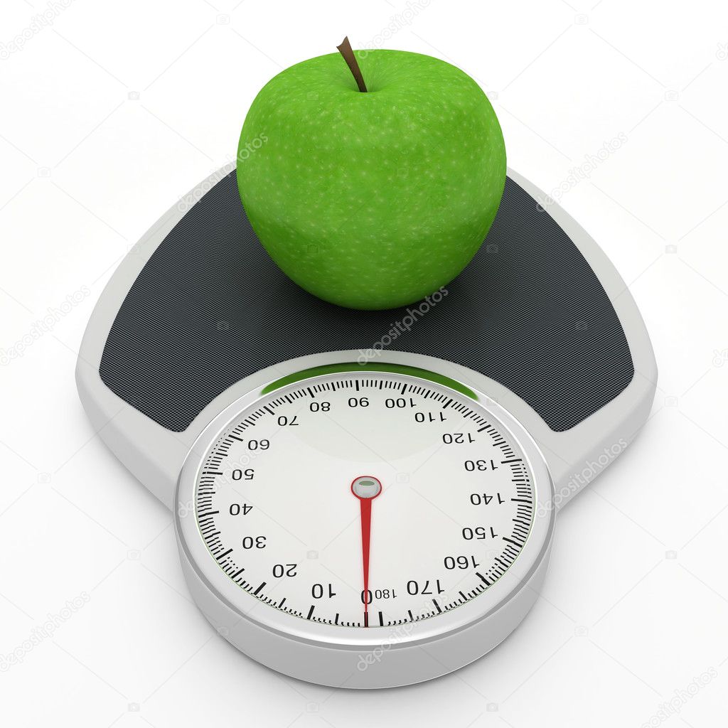Scales and apple on a white background.