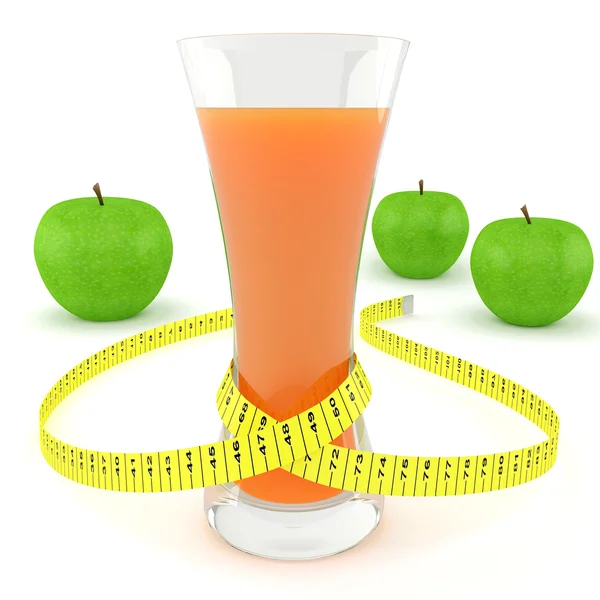 Glass of juice, apples and measuring tape — Stock Photo, Image