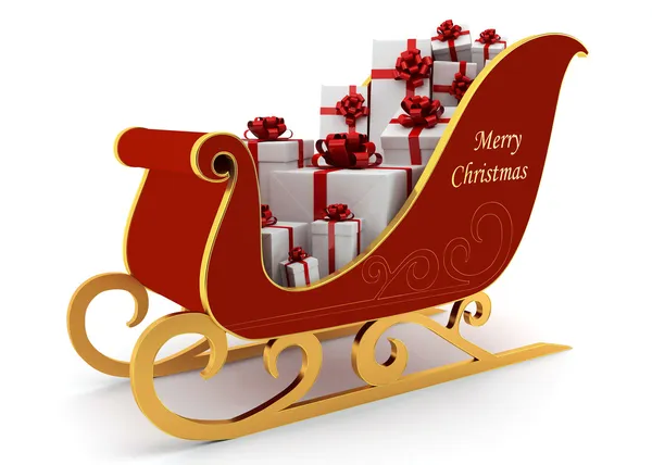 Weihnachtsschlitten mit weißen Geschenken — Stockfoto