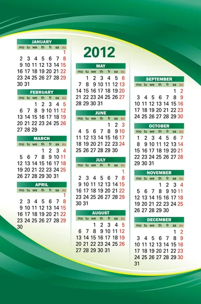 Modelo de vetor do calendário de 2012 no fundo verde — Vetor de Stock