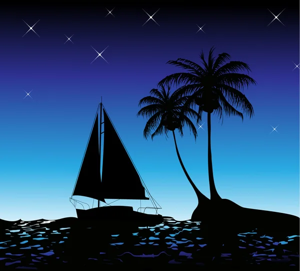 Summer background with palm trees and a yacht — Stock Vector