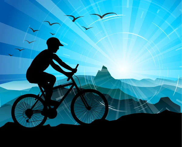 Biker silhouet met bergen — Stockvector