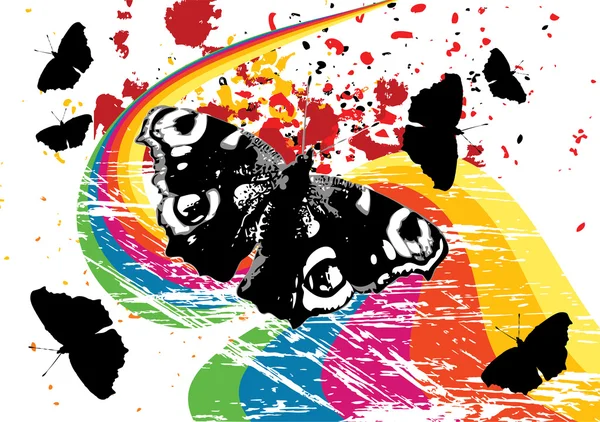 Farfalle grunge su un arcobaleno — Vettoriale Stock