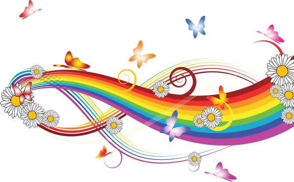 Regenbogen mit Blumen und Schmetterlingen — Stockvektor