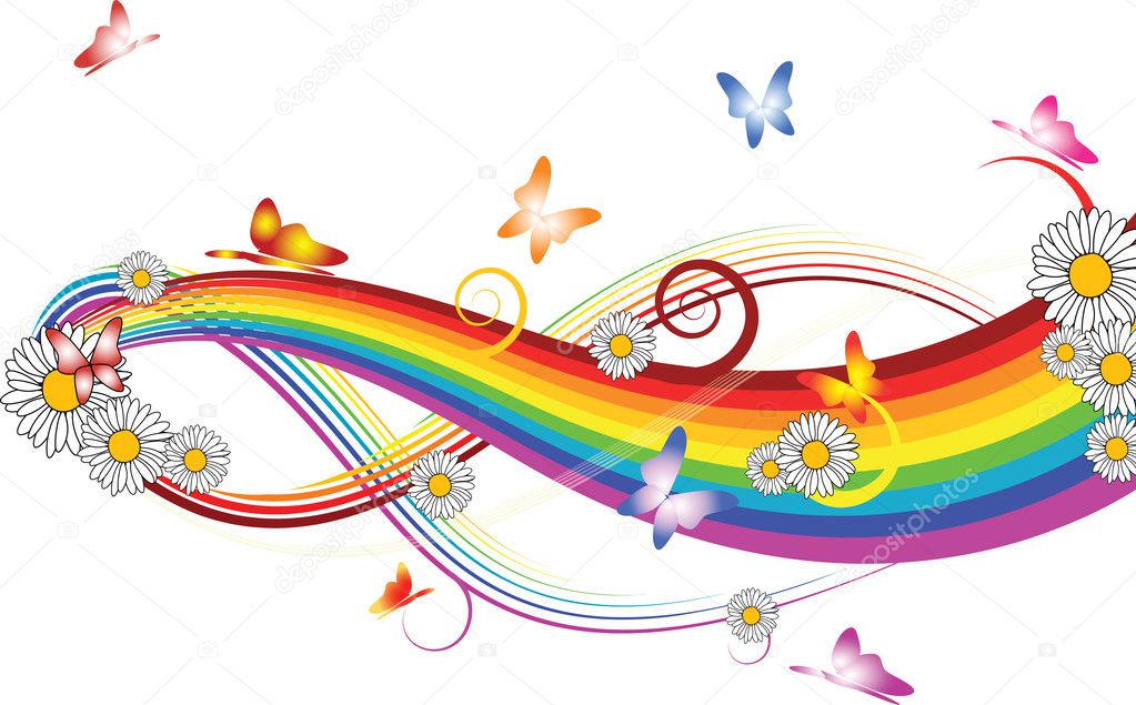 Rainbow with flowers and butterflies