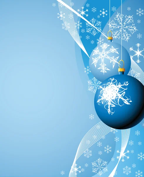 Mavi arka planda kar taneleri olan Noel ampulleri — Stok Vektör