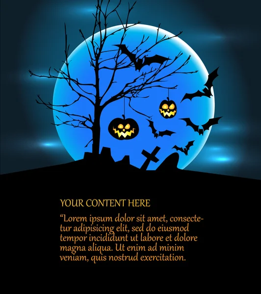 stock vector Halloween illustration with pumpkins, bats and big moon