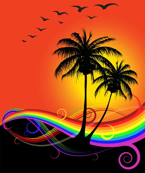 Abstract sunset on the beach with rainbow — Stock Vector