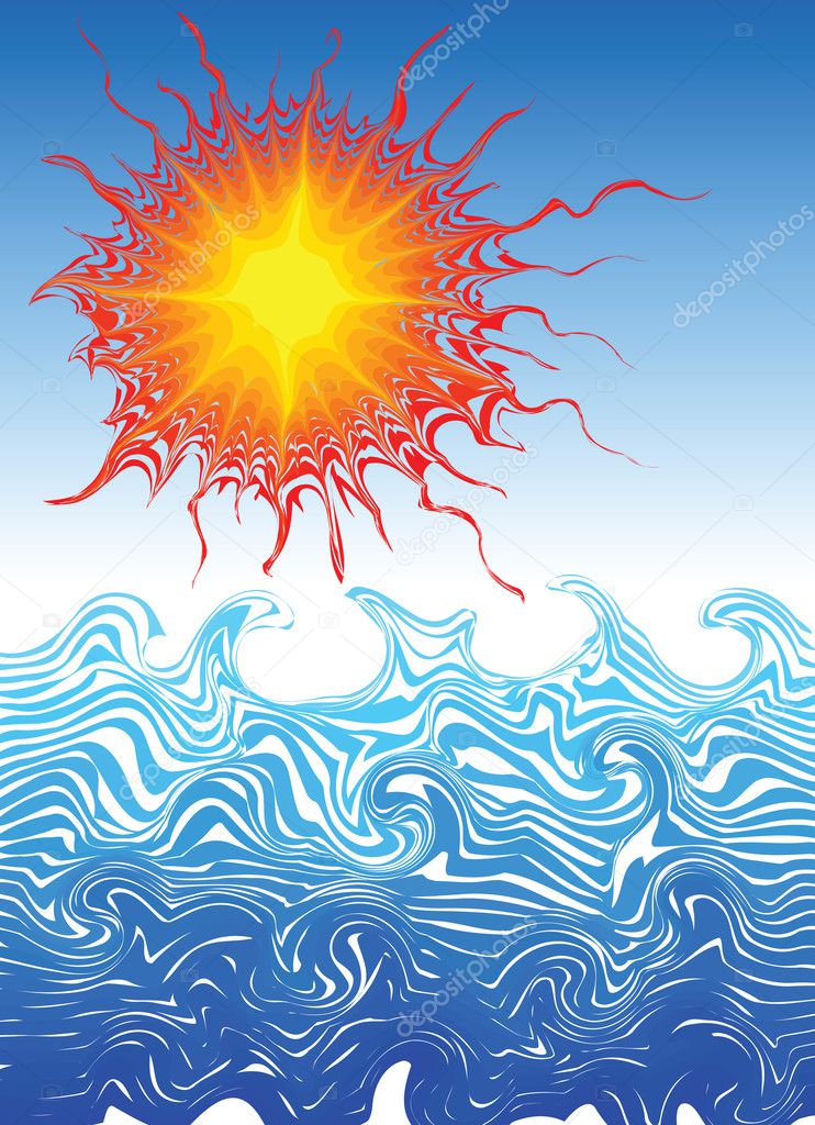 Really hot summer sun above the ocean - vector illustration