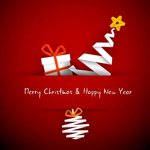 Biglietto natalizio rosso vettoriale semplice con regalo, albero e bagattella Illustrazione Stock