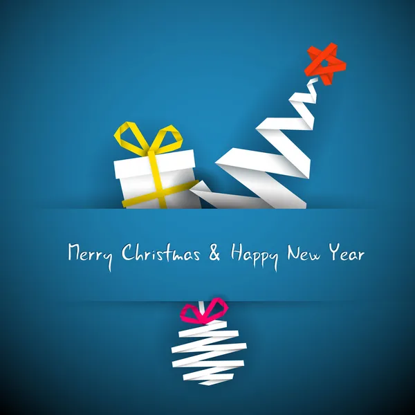 Einfache vektorblaue Weihnachtskarte mit Geschenk, Baum und Christbaumkugel — Stockvektor
