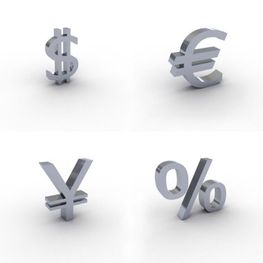 3D gümüş euro dolar yen yüzdeleri sembolleri izole